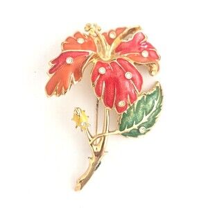 Jose Maria Barrera Avon Hibiscus Brooch Red Enamel Gold Tone Floral Pin